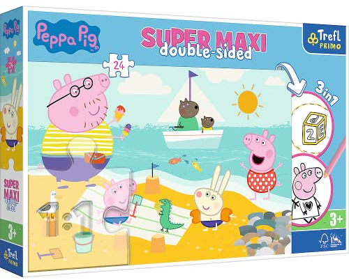 Trefl Primo - Peppa Pig, fröhliche Day Peppy - 3in1: Puzzle 24 Großteile, Malbild, Spiel mit Farbkomponenten Bunt Puzzle mit Bohatern Märchen, Spielspaß für Kinder ab 3 Jahren
