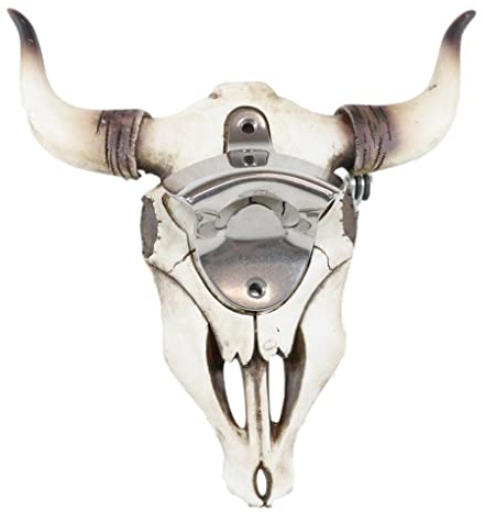 Ebros Gift Rustic Western Tribal Totem Horned Bull Steer Cow Skull Wall Mounted Soda Beer Glass Bottle Cap Stainless Steel Metal Opener Sculpture Ossuary Macabre Man Cave Accent