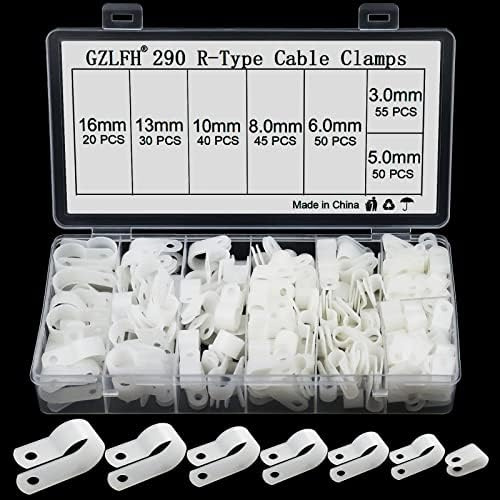 GZLFH R Typ Kabelschellen, Nylon Kabelklemme 290 Stück | Weiß 6mm/8mm/10mm/13mm/16mm R-Typ Drahtklemme 8 Größen für Büro Zuhause Draht Kabelführung Kabelbefestigung