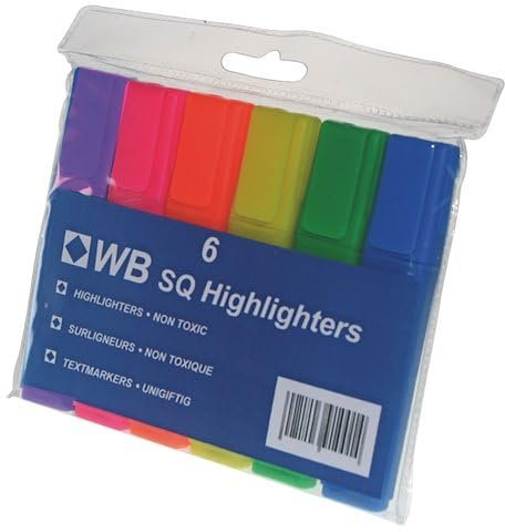 TANGERINE DREAM UK WB Box of 6 Assorted Square Highlighters Marker Pens With Chisel Tip 1-4mm Line Contains Green Yellow Orange Pink, Blue & Purple Non Toxic Ink
