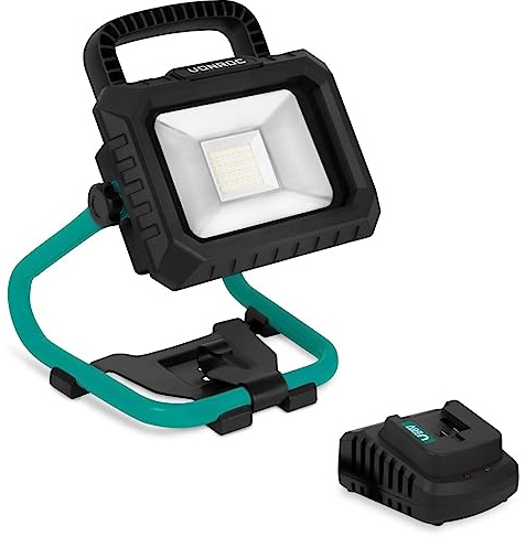 VONROC Lampe de travail sans fil 20V - LED - 20W - 2 réglages : 900/1800 lumen - inclinable - grand angle de rayonnement - batterie 2.0Ah et chargeur rapide inclus