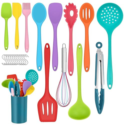 Küchenhelfer Set, Joyfair 25 Teiliges Silikon Küchenutensilien Kochbesteck Set, Antihaft Hitzebeständiger Kochutensilien Kochgeschirr mit Utensilienhalter & S-Haken, Spülmaschinenfest - Bunt