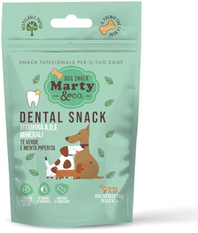 Marty & Co - Snack dental - Galleta - Mejora la halitosis y previene y elimina el tartaro -para perros y gatos -con menta, té verde, vitamina A, D, E, carbón vegetal activo - 80 g