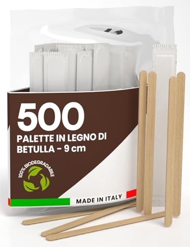 500 Palette da Caffè Monouso in Legno di Betulla, Imbustate Singolarmente, Biodegradabili e Compostabili, Resistenti al Calore per Mescolare Caffè e Bevande - Made in Italy