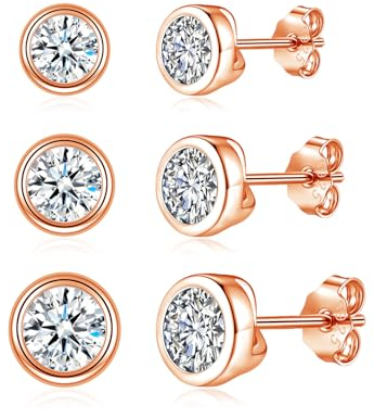Josfeva Silber Ohrstecker für Damen, 3 Paare Ohrringe Silber 925 Stecker Set mit Zirkonia, Hypoallergen 4/5/6mm Klein Rund Schlafen Knorpel Ohrstecker, Rosegold Ohrschmuck mit Schmetterlingsverschluss