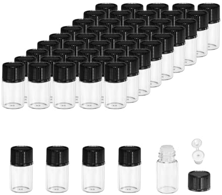 PATIKIL 3 ml flaskor med eteriska oljor, 50-pack genomskinliga glasflaskor med öppningsreducerare, provflaska, smal skruvlock, förvaringsflaskor, behållare, svart