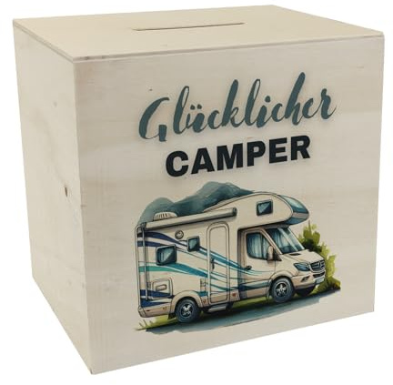 Wohnmobil Spardose aus Holz mit Spruch Glücklicher Camper Wohnwagen Anhänger Mobiles Heim für Camping Ideale Unterkunft Unterwegs