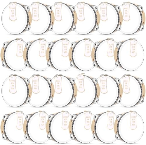 Lukmaa 24 Set 6 Inch Tambourine for Adults Wooden Hand Held Drum with Metal Jingles, Gift Tags, White I Love You Printed Ribbon Percussion Gift Musical Instrument for Church Wedding Party Favor(black)