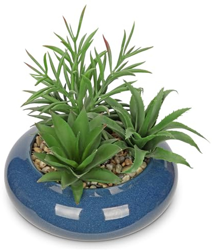 Briful Artificial Succulent Plants Fake Plants in Blue Ceramic Pot, Faux Potted Plant Fake Succulents Arrangement, Artificial Plant Indoor for Office Desk Decor Decorative Home Accessories