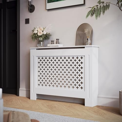 SIRHONA Cache-radiateur, Motif Nid d'abeille, MDF Laqué Blanc, 112x19x81,5 cm, Peut Placer des Décorations, Adaptées au Salon, à la Chambre, au Couloir