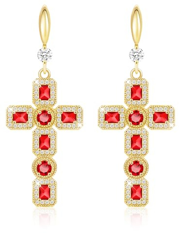 Linawe Orecchini a croce rossa, orecchini pendenti in oro da donna, gioielli in oro, orecchini con strass di cristallo gioielli alla moda, orecchini pendenti placcati in oro