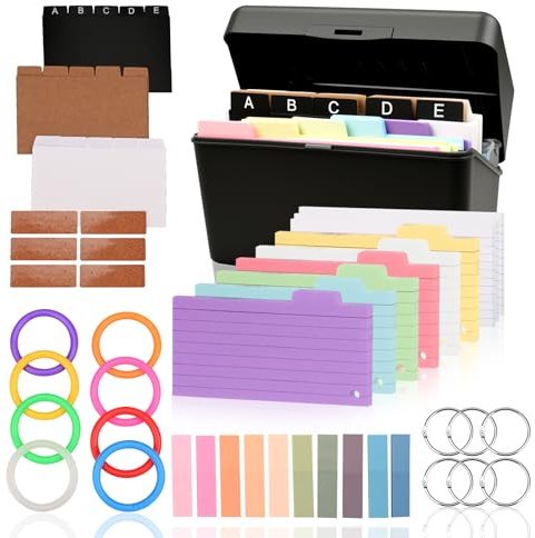 Mini Karteikarten-Box mit 436 Stück bunter Liniert Karteikarten, 15 Register und 14 Ringen