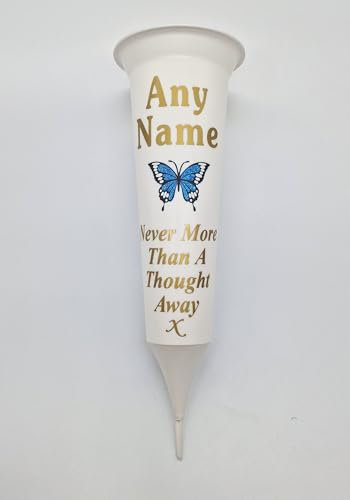 Personalised Memorial Grave Vase, White with Butterfly Design, Never More Than A Thought Away, (Blue)