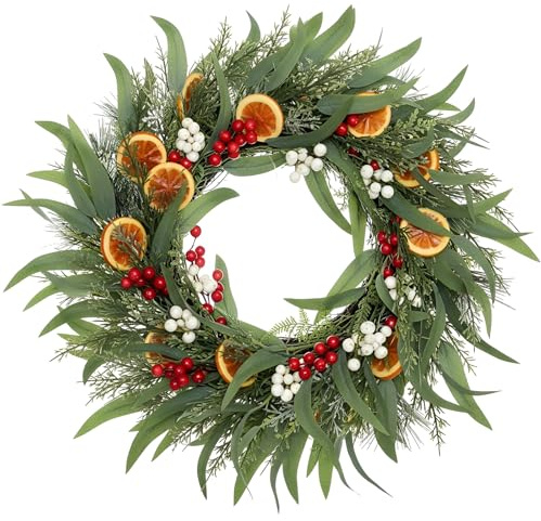 DN DECONATION Weihnachtskranz Türkranz 60 cm für Haustür, Winter Kranz mit Beerendeko & Orangenscheiben - Künstlicher Adventskranz für Weihnachtsdeko Innen- und Außenbereich