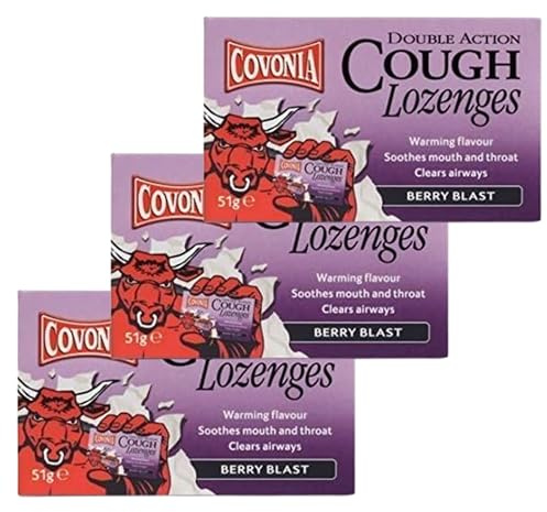 3X Covonia Double Impact Cough Lozenges Berry Blast 51 g – Fast-Acting Menthol & Eucalyptus Soothing Drops for Sore Throat & Dry Cough Relief, Sugar-Free| SterlingSquare
