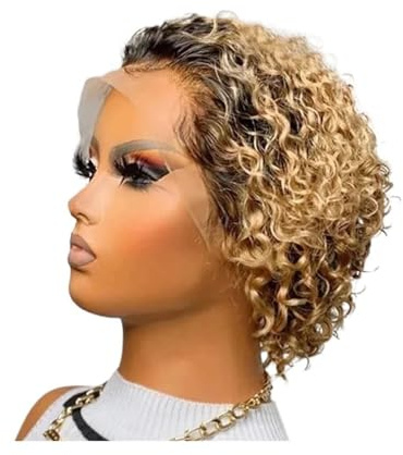 Parrucche corte di capelli veri ricci da 6 pollici, taglio pixie, bob, parrucche anteriori senza colla, punta da 13 x 1 pollici, densità al 180% aggiunge volume ai capelli (biondo marrone)