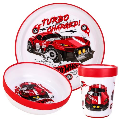 Hot Wheels 3pcs Reusable Bicolor Kids Dinner Tableware Set | Premium Plastic Dinnerware Sets Includes Toddler Cups, Plates and Bowls, 100% Safe, BPA Free & Certified Food Safe (US/EU)