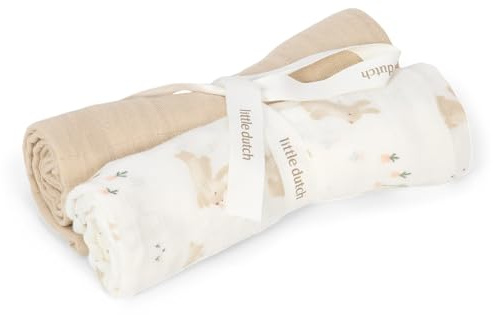 Little Dutch Mulltücher Swaddle Spucktücher Musselin 2er Set (70x70 cm) Baumwolle Baby Bunny beige/weiß - Newborn Naturals