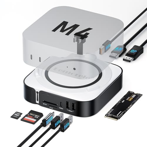 Lemorele Dock Mac Mini M4, HDMI + DisplayPort 4K@60Hz, SSD NVMe 10Gbps | 4 USB 3.2/3.0, ranura M.2 NVMe 2230-2280 y SD/TF; amplía almacenamiento hasta 8TB para edición, copias y archivos grandes