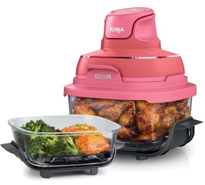 Ninja CRISPi Tragbare Heißluftfritteuse, 3,8 l & 1,4 l, 4-in-1: Heißluftfrittieren, Braten, Warmhalten, Aufknuspern, kompakt, 6 Portionen, 2 Glasbehälter & Deckel, 1700 W, Kirschrot FN101EUDR