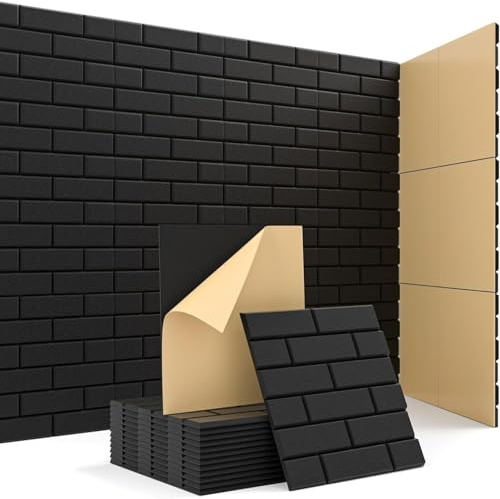 12 Stück Ziegel-Schallschutzplatten, Akustikplatten selbstklebend Hochdichte Akustikwandpaneele Akustik Panel aus Polyester für Akustische Behandlung und Wanddekoration 30x30x0.9cm (schwarz)
