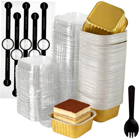 CHEUNGR 100 Sets Mini Loaf Cake Cases with Lids and Spoons, 150ml Reusable Aluminum Square Loaf Cups with Stickers, Foil Baking Pans for Bread Dessert Wedding Birthday Party, Gold