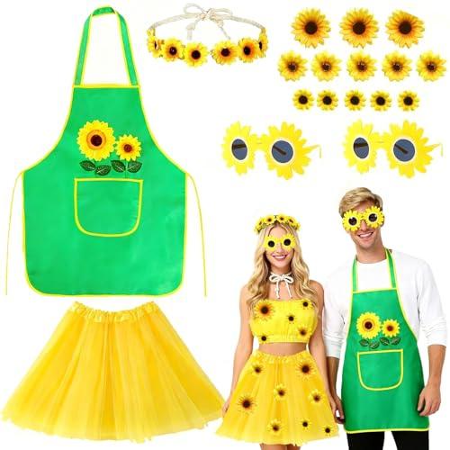 HarnyLoom Sonnenblumen Kostüm Gärtner Damen Herren Gelber Tüllrock Gärtner Schürze Sonnenblumen Haarrreif Gläser Accessorie Karneval Party Cosplay