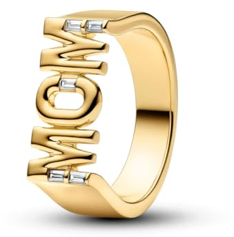 PANDORA Ring Mama Siegelring in 14 Karat Vergoldung mit Cubic Zirkonia, Damen Ring mit Schriftzug MOM und Baguette Steinen, Statement Ring, Größe: 54, 164460C01-54