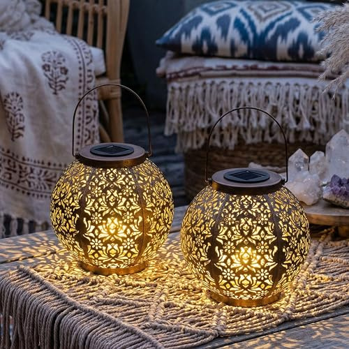 Northpoint LED Solar Laterne Marrakesh 2er-Set Gartenleuchte Metall warmweiß RGB Solarleuchte Außen Boho Deko mit Schattenwurf IP44 Balkon Terrasse Garten Beleuchtung (Kupfer-Finish)