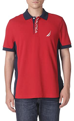 Nautica Short Sleeve Color Block Performance Pique Polo Shirt Camisa, Rojo, X-Large para Hombre