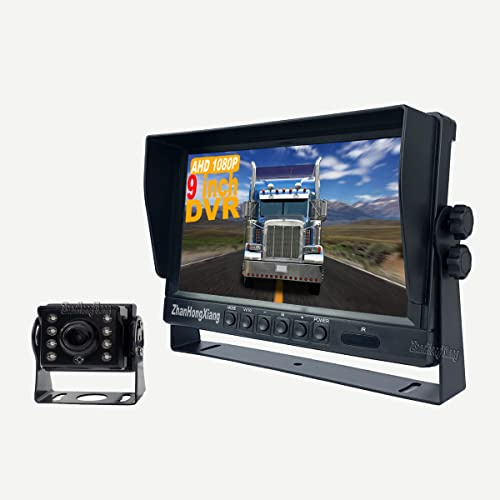HD 1080P Car Rear Reversing Camera 9 DVR Monitor Kit, 8 IR LED AHD Truck Reverse Rear view Camera + 9 inch 2-Split IPS Screen with 4 Pin 5m/15m Long Cable for 12V-24V Bus Trailer Camper Motohome
