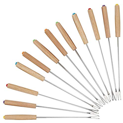 Fourchettes à Fondue en Acier Inoxydable - Lot de 12 Avec Poignée en Bois, Couverts en Acier Inoxydable