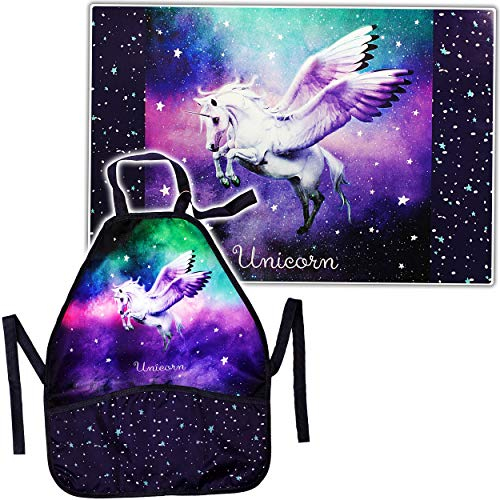 alles-meine.de GmbH Set: große - Schreibtischunterlage + Schürze - Einhorn - Pegasus/Unicorn - Kinderschürze - Unterlage - 60 cm * 40 cm - abwischbar - Schreibunterlage/Baste..
