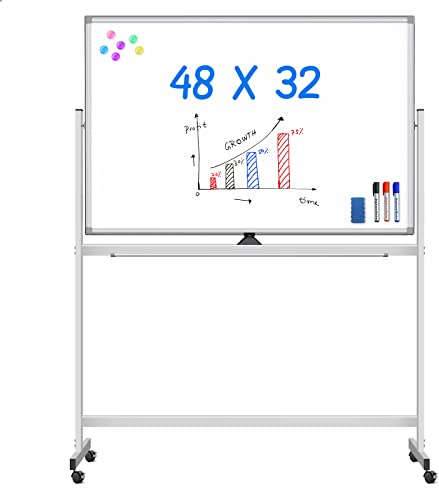 Maxtek Rolling White Board on Wheels 48x32 inch Double Side Magnetic Dry Erase Board with Stand, Aluminum Frame Easel Mobile Standing Whiteboard for Office, Classroom & Home