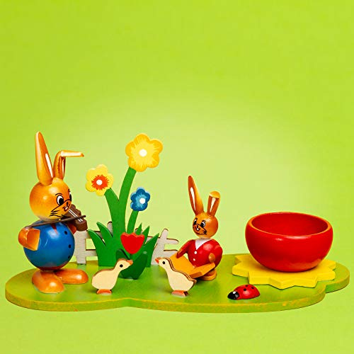 SIKORA OD13 Osterdeko Bunte Eierbecher aus Holz | Handbemalte Ostergarten Deko Figuren mit Blumen | Hochwertige Tischdeko & Eierhalter für Ostern, Farbe | Modell:Eierbecher Osterhasen Musikanten