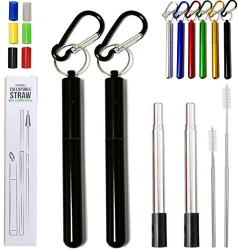 Hoshen 2 pajitas de metal plegables reutilizables, pajitas telescópicas portátiles, incluyendo cepillos y cabezales de silicona (con carcasa), color negro