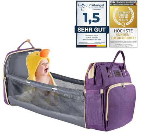 all Kids United® Wickelrucksack mit Bett 25L Babytasche Rucksack Violett | Stressfreier Alltag, integriertes Babybett mit Wickelauflage, große Wickeltasche Rucksack, Oxford Nylon wasserabweisend
