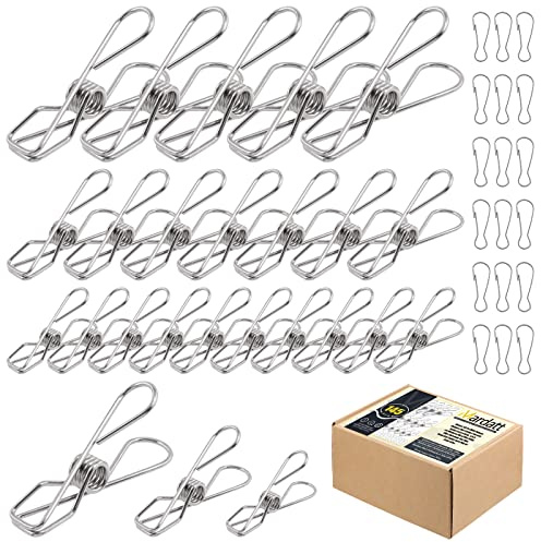 Mardatt 145 Pcs Multi-Purpose Stainless Steel Clothes Pins with Spring Lanyard Hook, 4/6/8 CM Windproof Metal Wire Utility Clips Clothespin, Bag Clips, Heavy Duty Tightly Seals Chip for Home Office