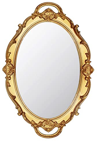 Eaoundm 37 x 25,5 cm oval antik dekorativ väggspegel vintage hängande spegel (guld)