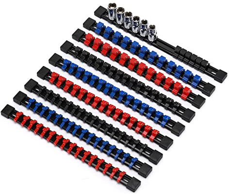 CASOMAN 9PC ABS Socket Organizer, 1/4-Inch, 3/8-Inch, 1/2-Inch, Premium Quality Socket Holders (9-Piece Set, Blue, Red, Black)
