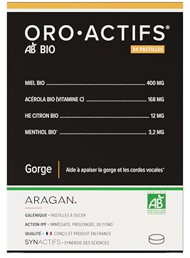 ARAGAN - Oroactifs Bio - Maux de Gorge Complément Alimentaire - Miel, Acérola, Menthol, Huile essentielle de citron - 6 à 24 jours de prise - Fabriqué en France