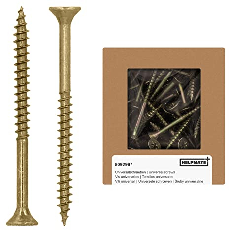 HELPMATE - Vis universelles tête fraisée 4,5x60 passivées jaune - 125 vis à bois avec entraînement PZ 2 et filetage partiel - Boulons pour panneaux de particules pour l'intérieur & l'extérieur protégé