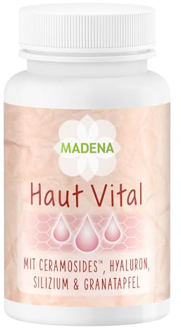 MADENA Haut Vital, Haut Vitamine gegen unreine Haut, 60 Kapseln hochdosiert mit 13 bioaktiven Mikronährstoffen, dem patentierten Ceramosides™, Hyaluronsäure, Granatapfel und Lignane