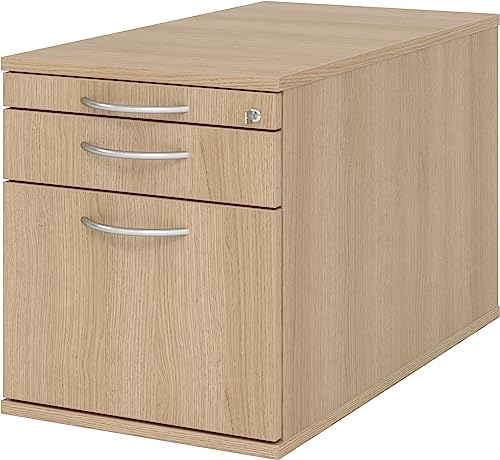 bümö Rollcontainer mit Hängeregister für Hängeordner, Container abschließbar in Eiche - Rollwagen mit Hängeregistratur als Schreibtisch Unterschrank od. Bürocontainer m. Bogengriffe