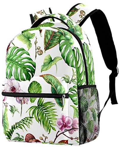 QQIAEJIA Green monstera white Large Backpack for Boys Girls SchoolBag with Multiple Pockets Canvas