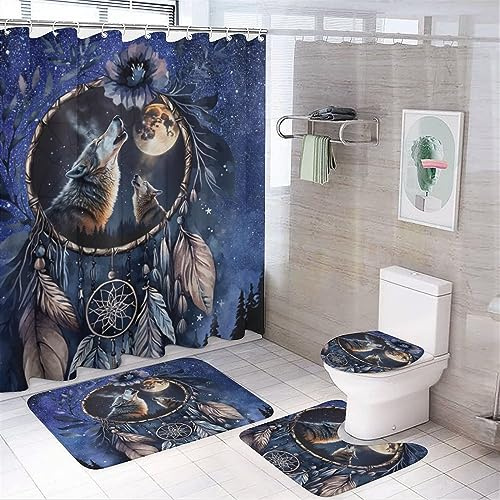 Watercolor Forest Wildlife Wolf 4 Pcs Waterproof Shower Curtain Set,Abstract Vintage Dreamcatcher Native American with Waterproof Toilet Cover Shower Mat Rugs