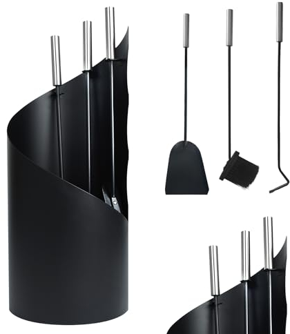 XINZI 4-teiliges Kaminbesteck Schwarz Modern Kamingarnitur mit Besen, Schaufel, Schürhaken & Ständer Edelstahl Kamin Reinigungsset Ofenbesteck für die Reinigung von Kamine Öfen Feuerstellen