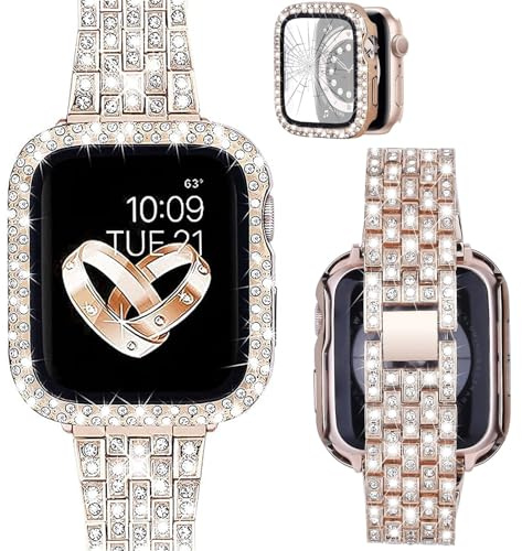 VISOOM Metall Armband für Apple Watch 45mm mit Hülle Damen - Roségold | Glitzer Strass Diamant Schmuckarmband Damen, Elegant Hochzeit Armbänder für iWatch Series 9 8 7