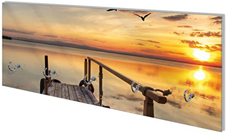 Wallario Wandgarderobe aus Glas in Größe 80 x 30 cm mit Memoboard-Funktion, Motiv: Sonnenuntergang über dem See idyllischer Steg | 5 Kleiderhaken zum Aufhängen von Jacken