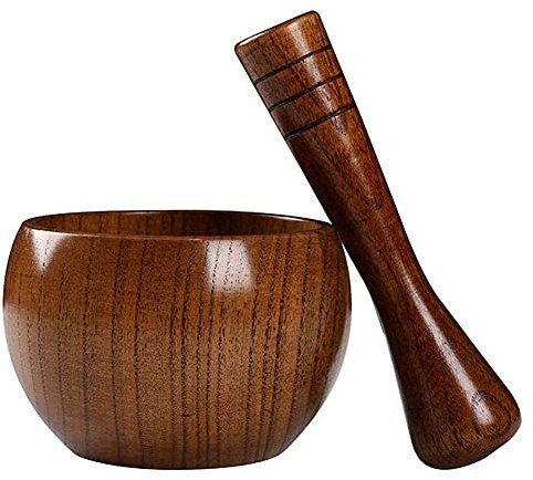 ISCBAFYX Manuelle Holzmühle, zerstoßenes Knoblauchglas, Mörser, altmodisch, rund, glatt, handpoliert, Stößel-Set zum Mahlen von Kräutern, Gewürzen, Pfeffer
